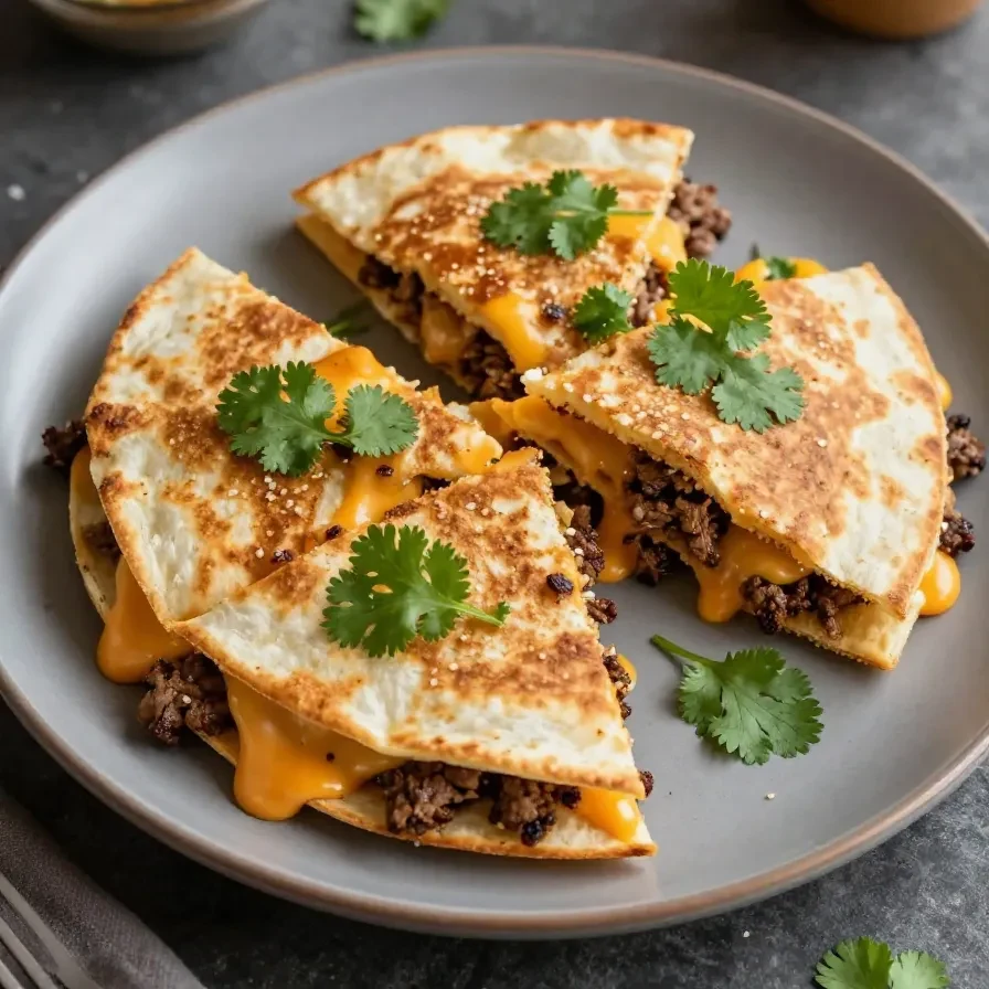 A close-up of cheesy ground beef quesadillas served on a wooden plate with a side of salsa and sour cream.