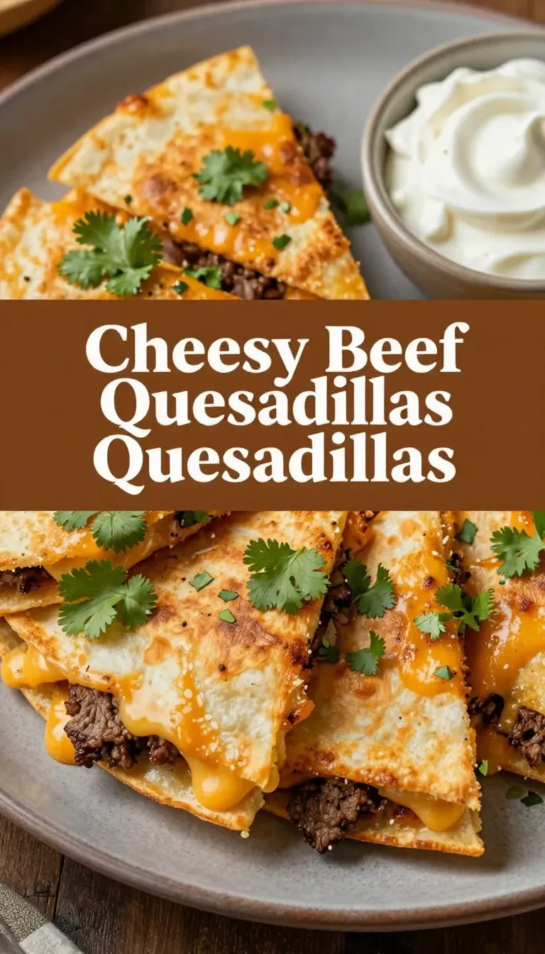 A close-up of cheesy ground beef quesadillas served on a wooden plate with a side of salsa and sour cream.