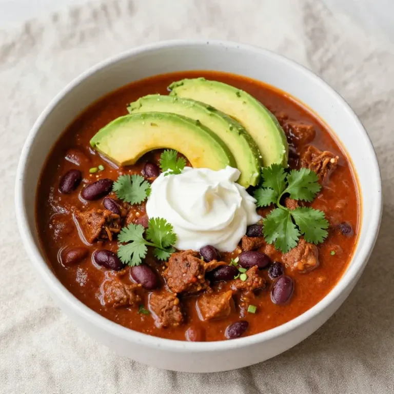 A bowl of turkey pumpkin chili garnished with fresh cilantro and served with a spoon.