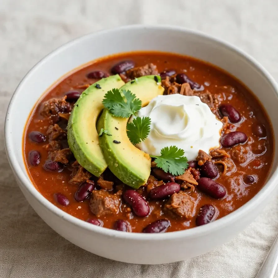 A bowl of turkey pumpkin chili garnished with fresh cilantro and served with a spoon.