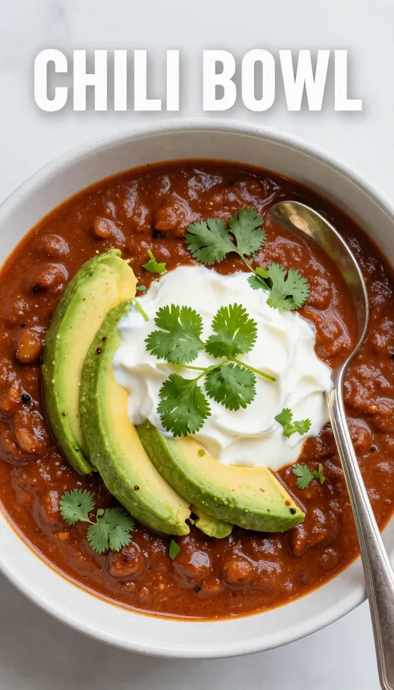 A bowl of turkey pumpkin chili garnished with fresh cilantro and served with a spoon.