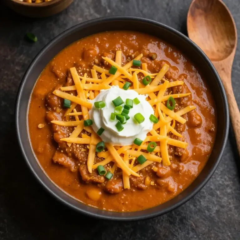 Crock Pot Pumpkin Chili Recipe A bowl of pumpkin chili made in a crock pot, topped with sour cream and fresh parsley.