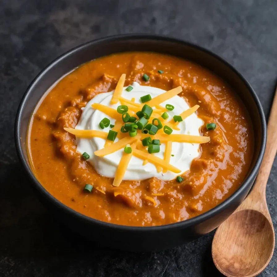 A bowl of pumpkin chili made in a crock pot, topped with sour cream and fresh parsley.