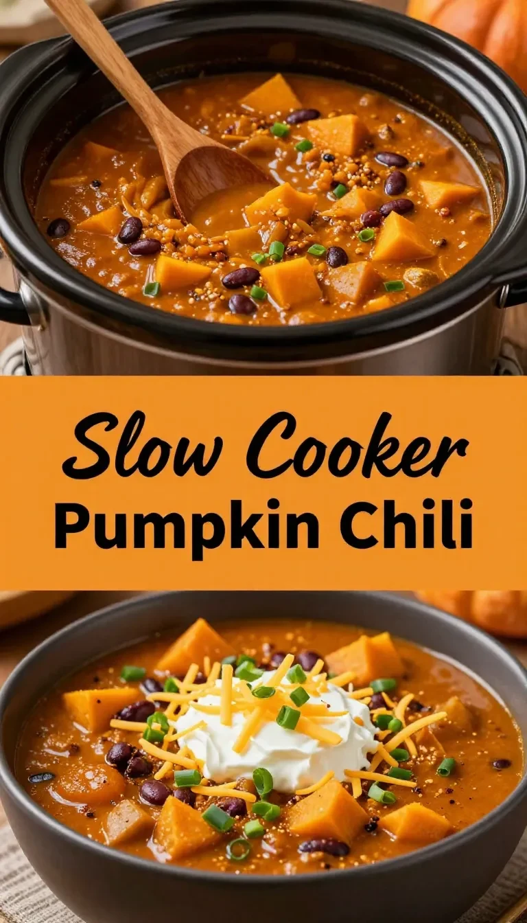A bowl of pumpkin chili made in a crock pot, topped with sour cream and fresh parsley.