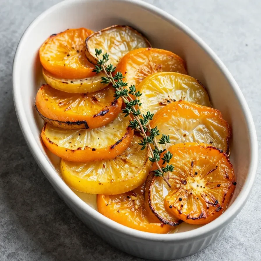 A close-up of cheesy root vegetable gratin with a golden-brown crust in a baking dish.