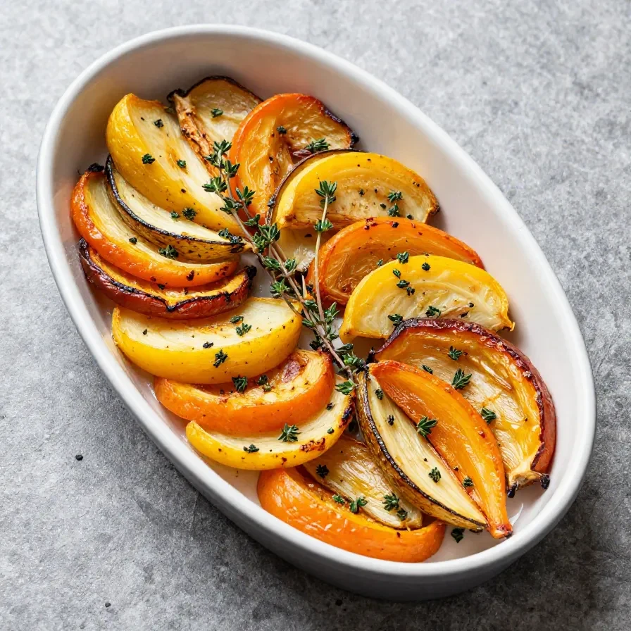A close-up of cheesy root vegetable gratin with a golden-brown crust in a baking dish.