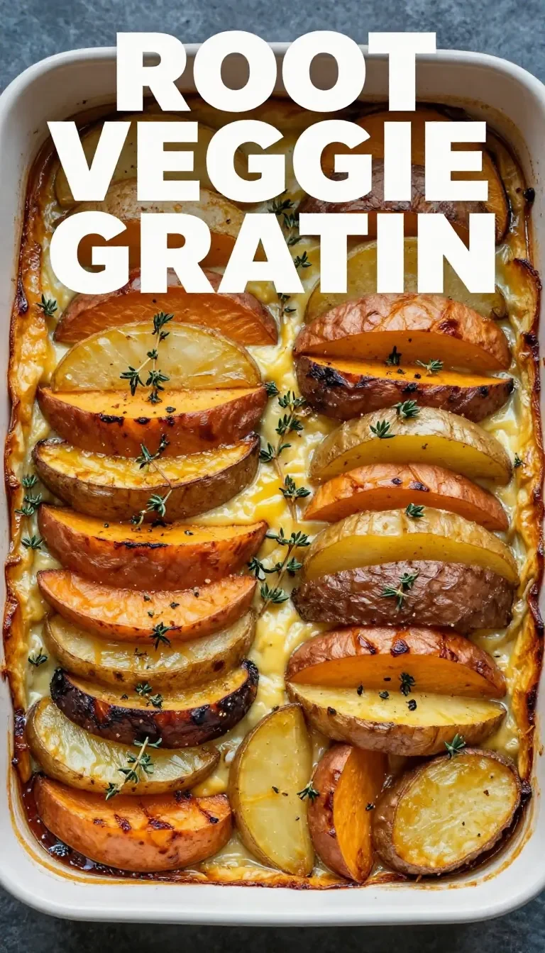 A close-up of cheesy root vegetable gratin with a golden-brown crust in a baking dish.