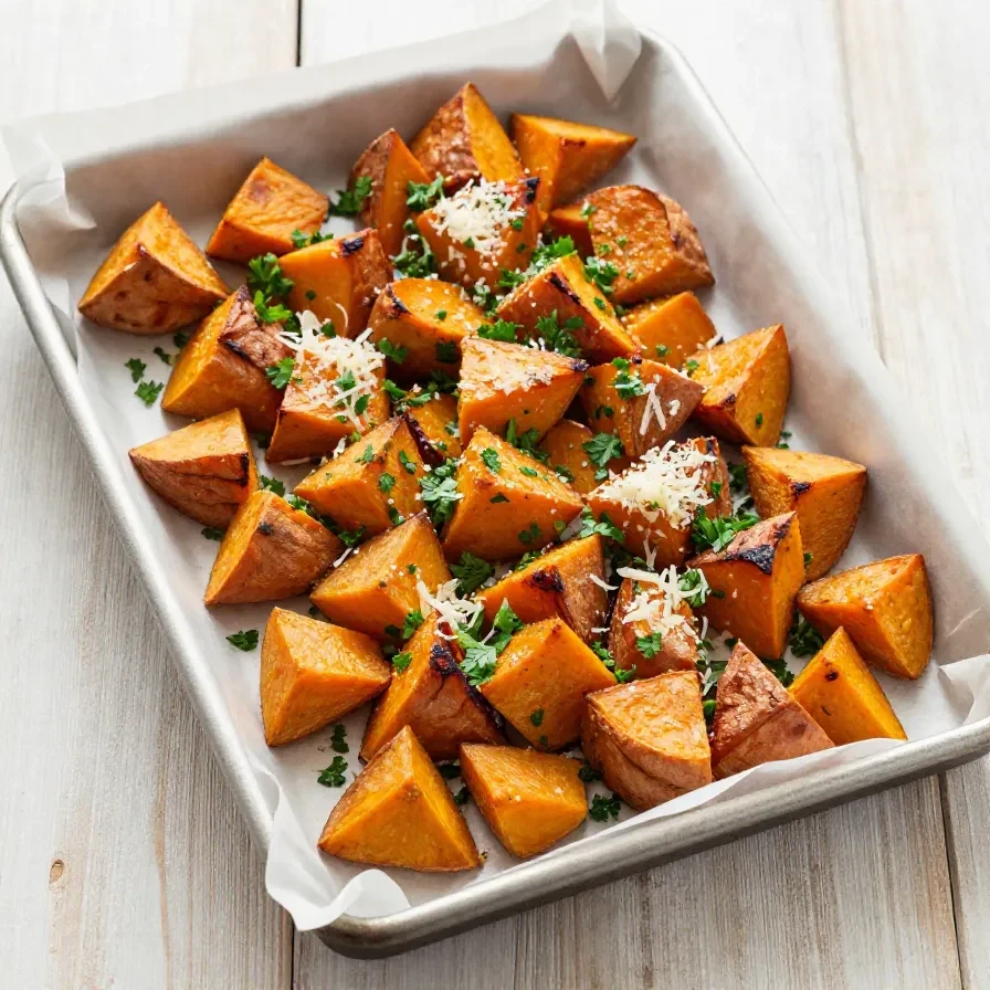 Close-up of crispy garlic Parmesan roasted sweet potatoes on a baking tray.