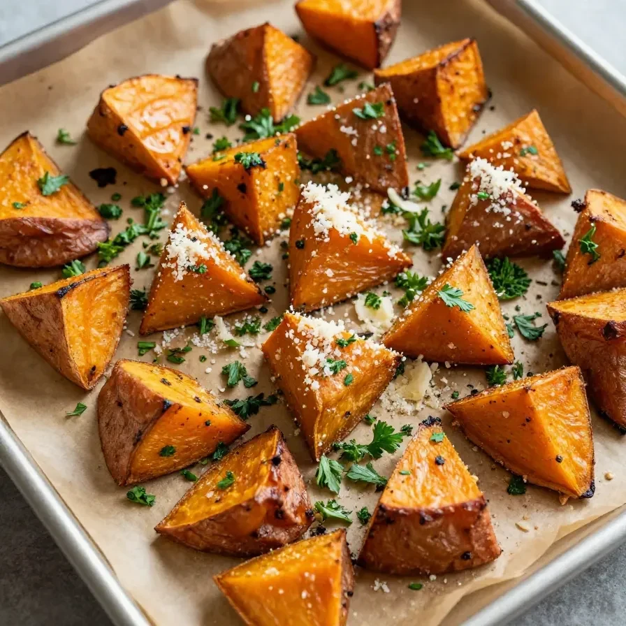 Close-up of crispy garlic Parmesan roasted sweet potatoes on a baking tray.