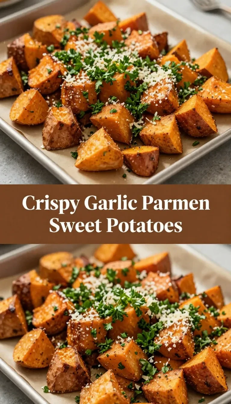 Close-up of crispy garlic Parmesan roasted sweet potatoes on a baking tray.