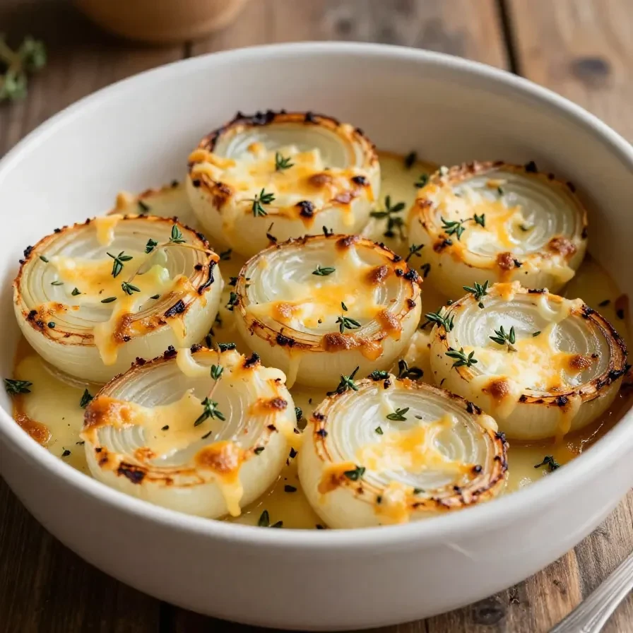 A close-up of Tennessee onions baked to golden perfection in a casserole dish.