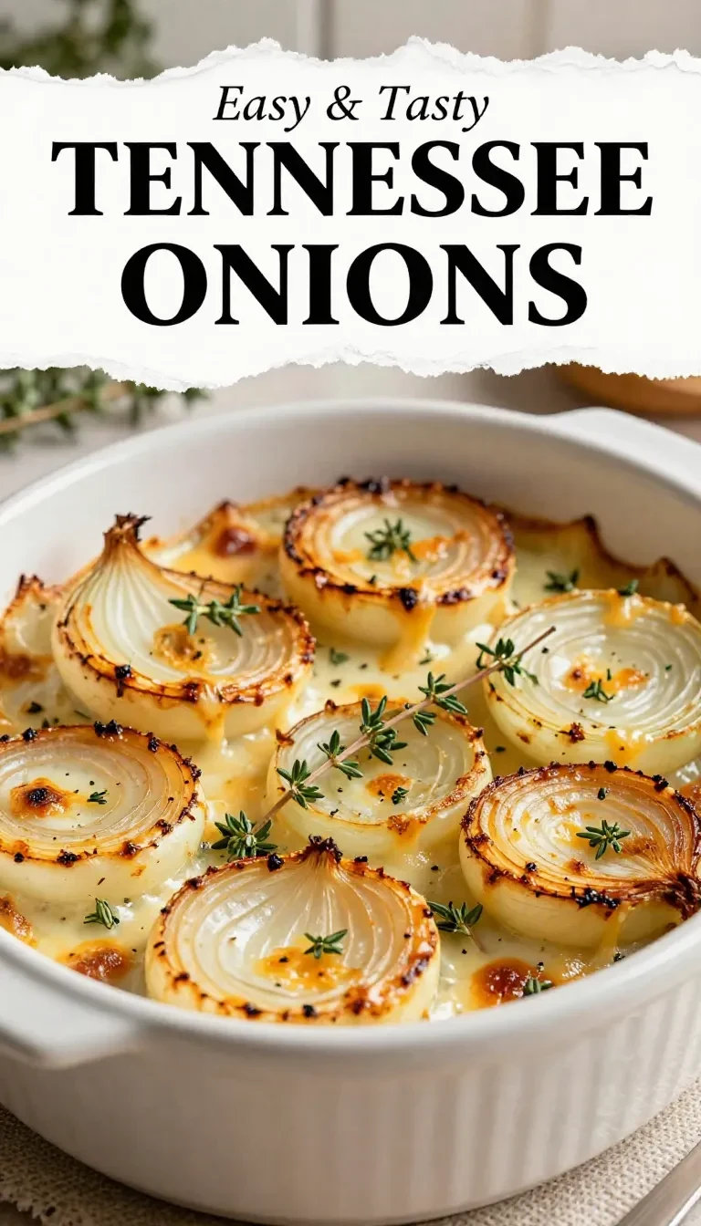 A close-up of Tennessee onions baked to golden perfection in a casserole dish.