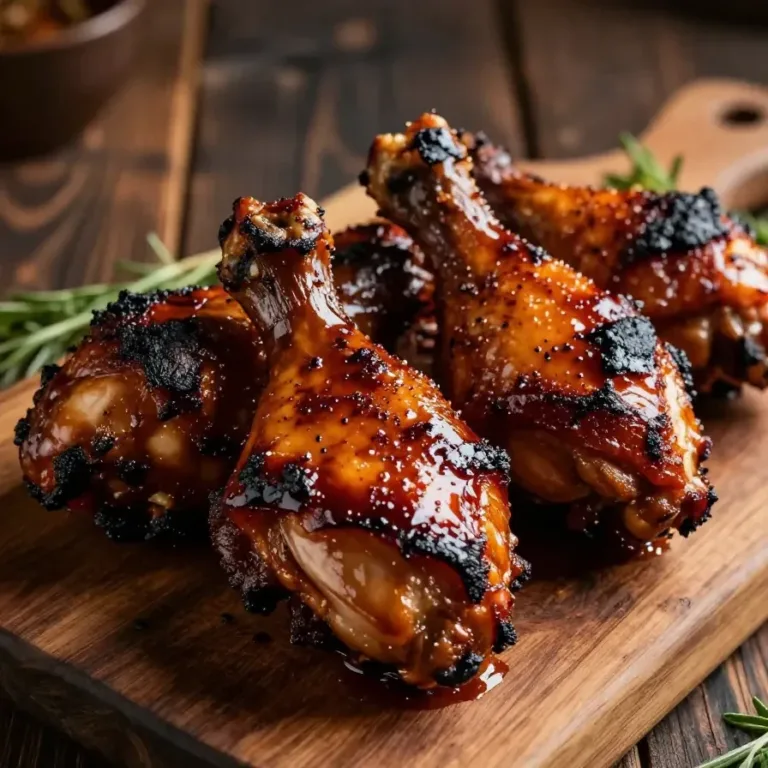 Close-up of sticky BBQ chicken thighs glazed with sauce on a wooden plate.