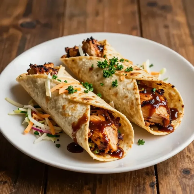 A close-up of a BBQ chicken coleslaw wrap on a white plate, showcasing the vibrant colors of the filling.
