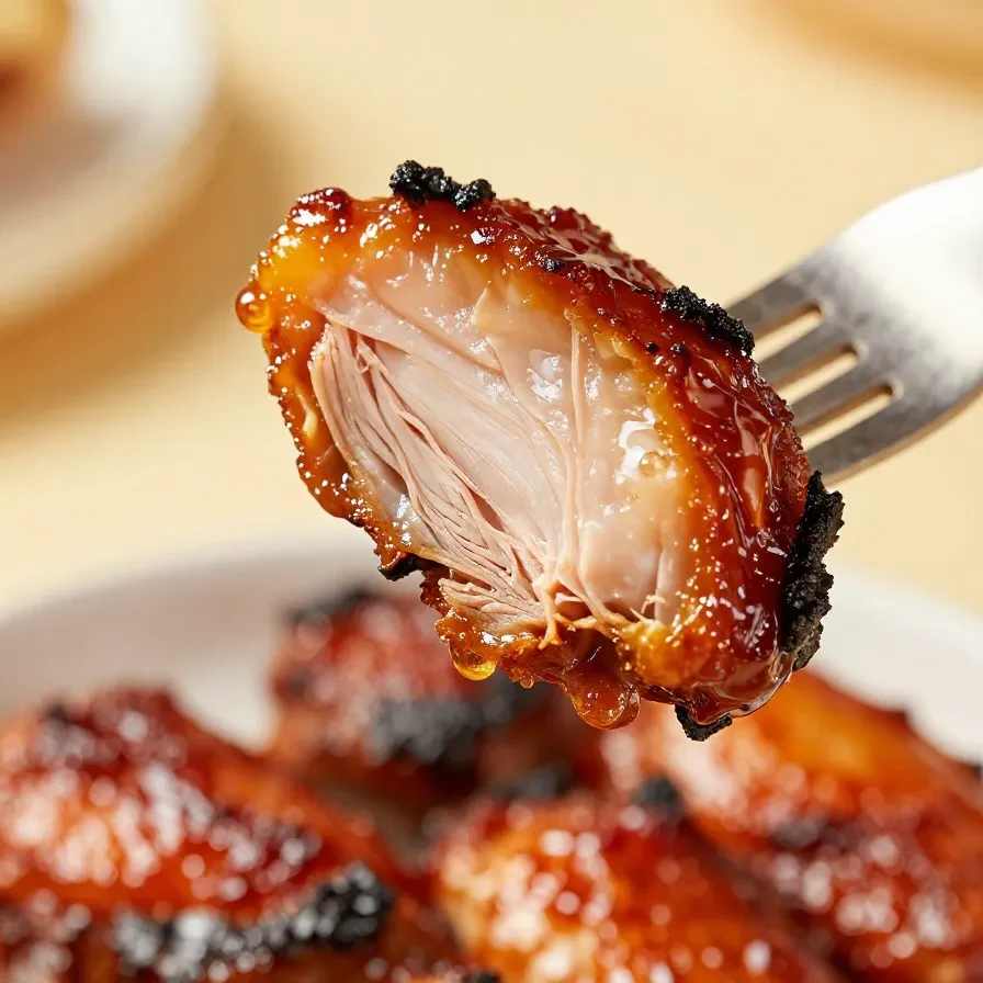 Close-up of sticky BBQ chicken thighs glazed with sauce on a wooden plate.