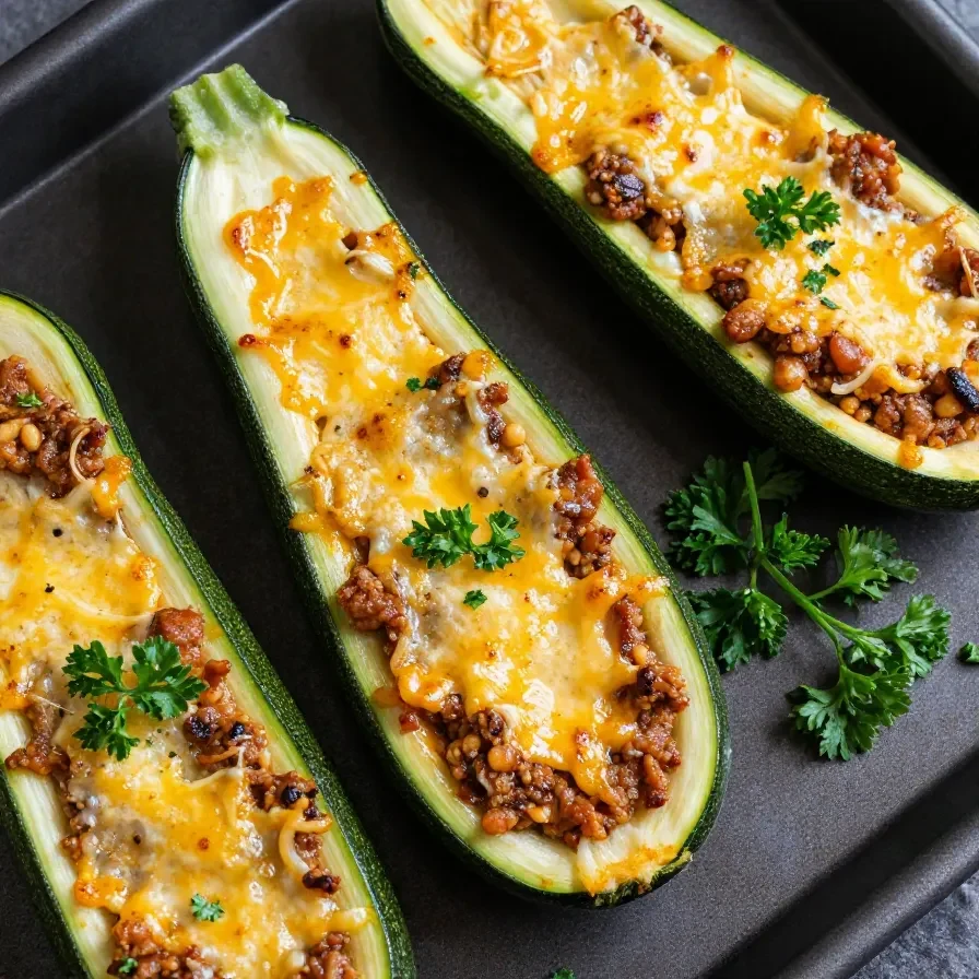 A close-up of baked zucchini boats filled with seasoned ground beef and melted cheese, garnished with parsley.