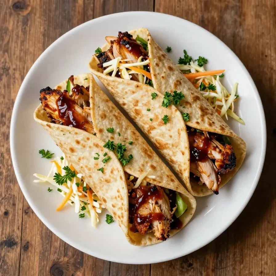 A close-up of a BBQ chicken coleslaw wrap on a white plate, showcasing the vibrant colors of the filling.