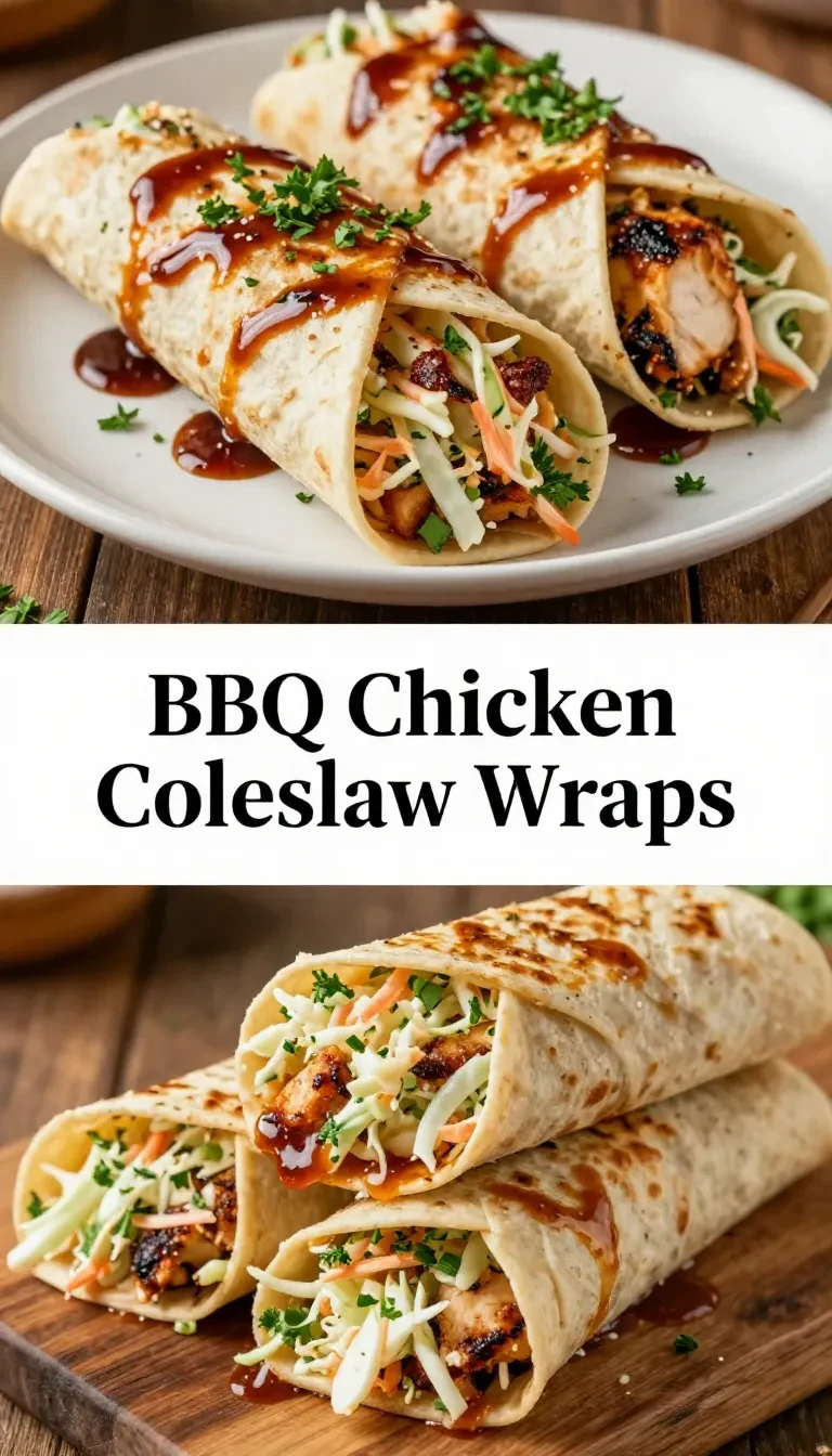 A close-up of a BBQ chicken coleslaw wrap on a white plate, showcasing the vibrant colors of the filling.