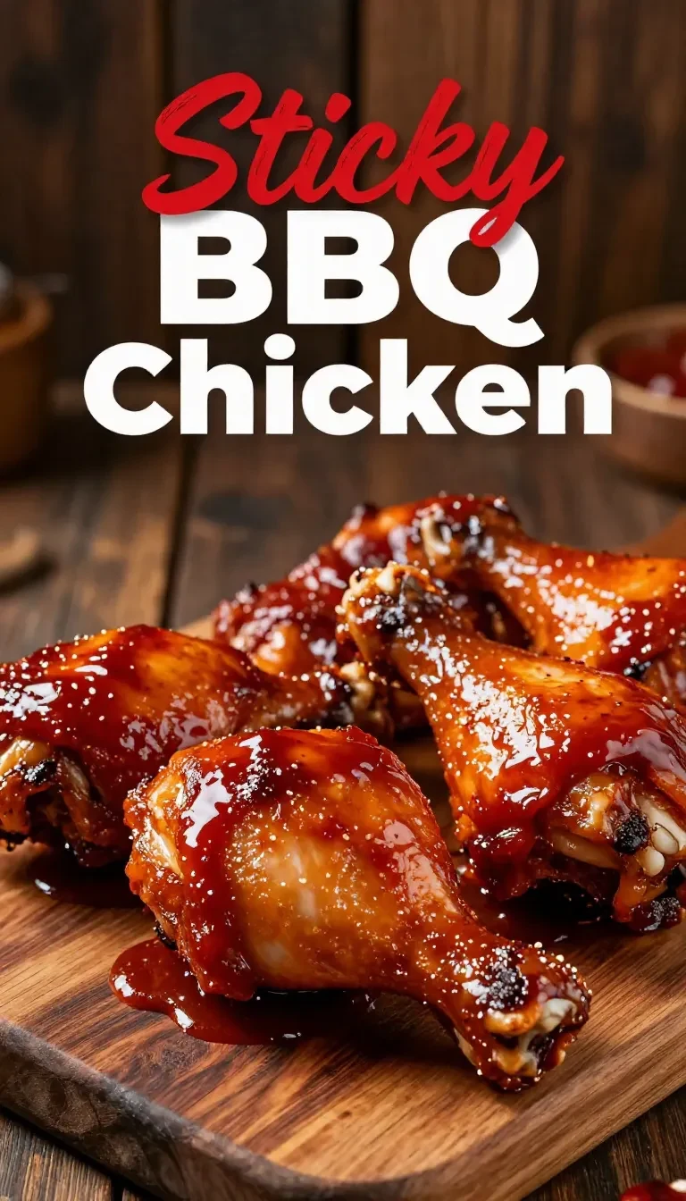 Close-up of sticky BBQ chicken thighs glazed with sauce on a wooden plate.