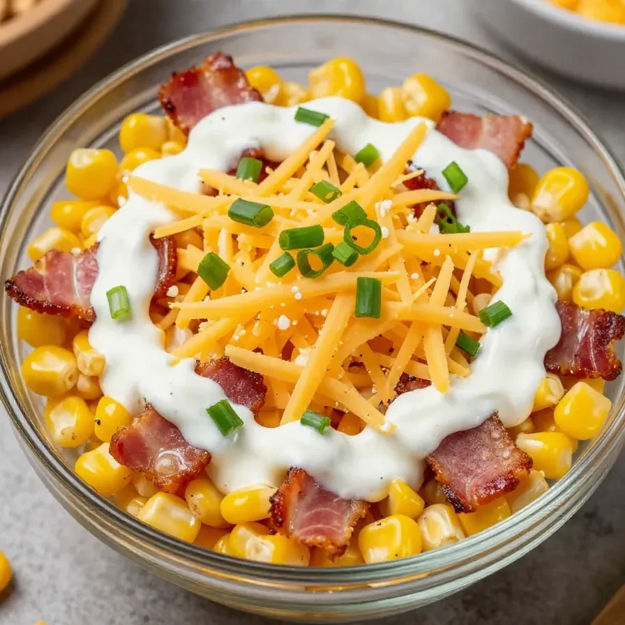 A bowl of crack corn salad with fresh vegetables and a creamy dressing.