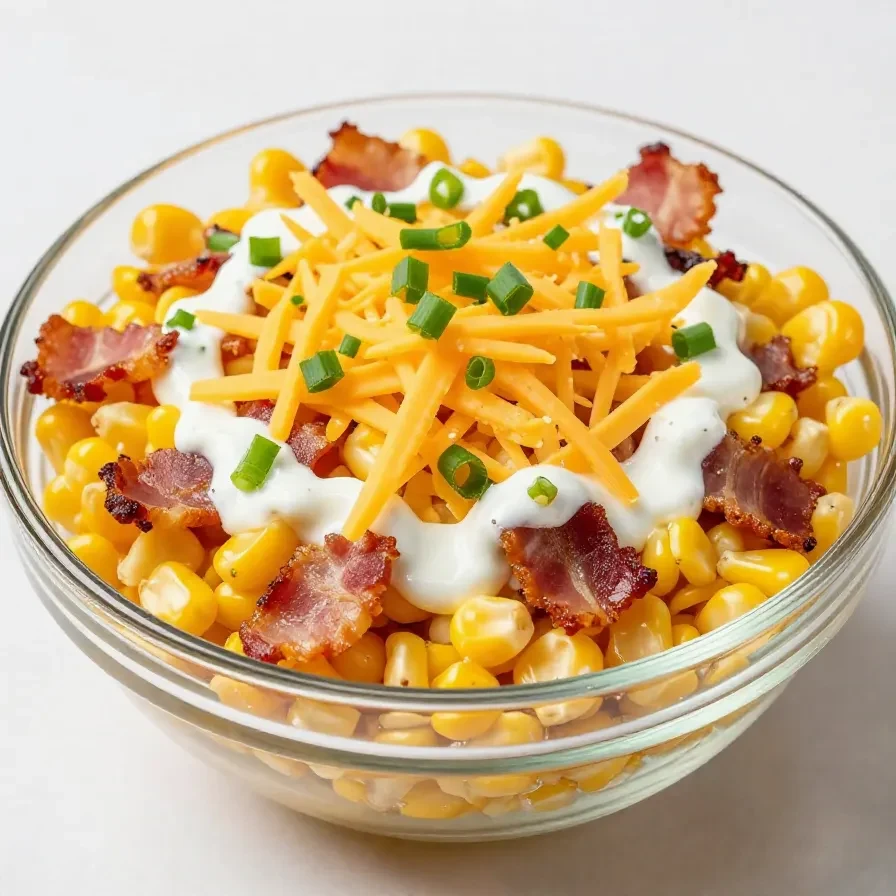 A bowl of crack corn salad with fresh vegetables and a creamy dressing.
