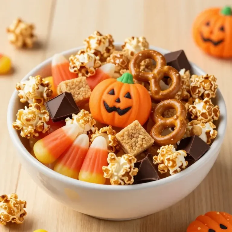 A bowl of colorful Scarecrow Crunch Snack Mix with pretzels, candy, and nuts.