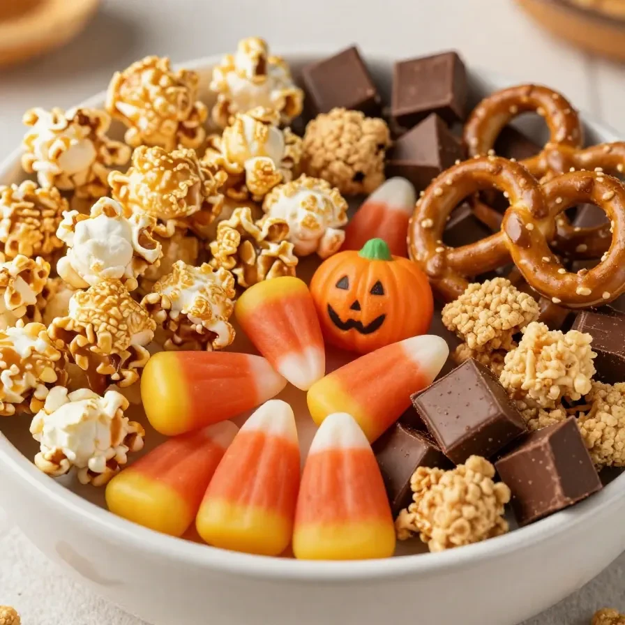 A bowl of colorful Scarecrow Crunch Snack Mix with pretzels, candy, and nuts.