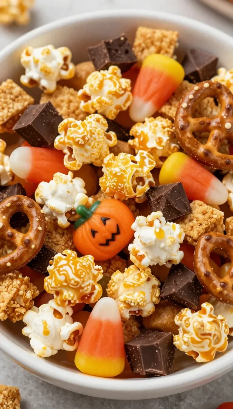 A bowl of colorful Scarecrow Crunch Snack Mix with pretzels, candy, and nuts.