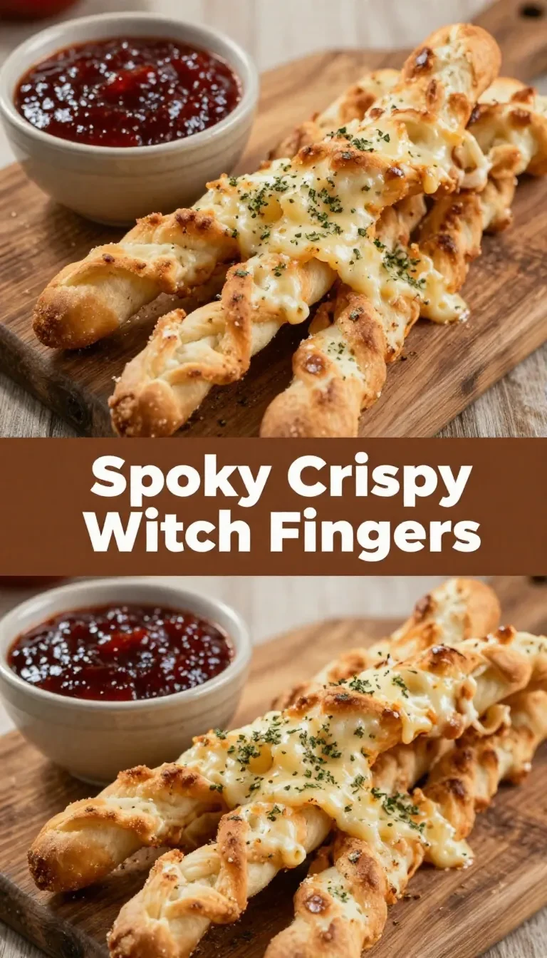 Homemade Halloween witch finger breadsticks served on a wooden platter