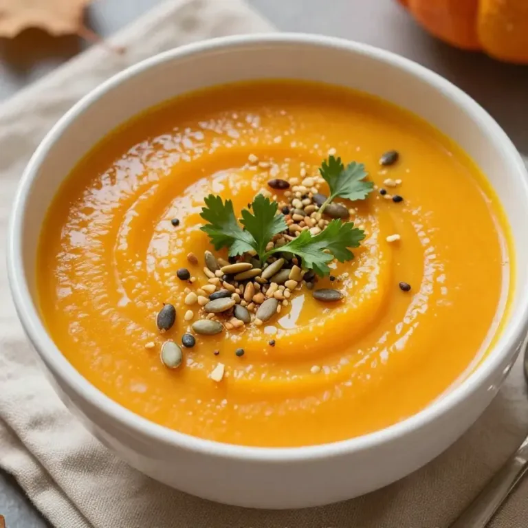 Coconut Curry Pumpkin Soup A bowl of creamy coconut curry pumpkin soup garnished with fresh cilantro and pumpkin seeds.