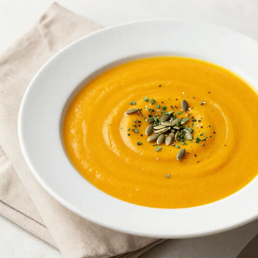 A bowl of creamy coconut curry pumpkin soup garnished with fresh cilantro and pumpkin seeds.