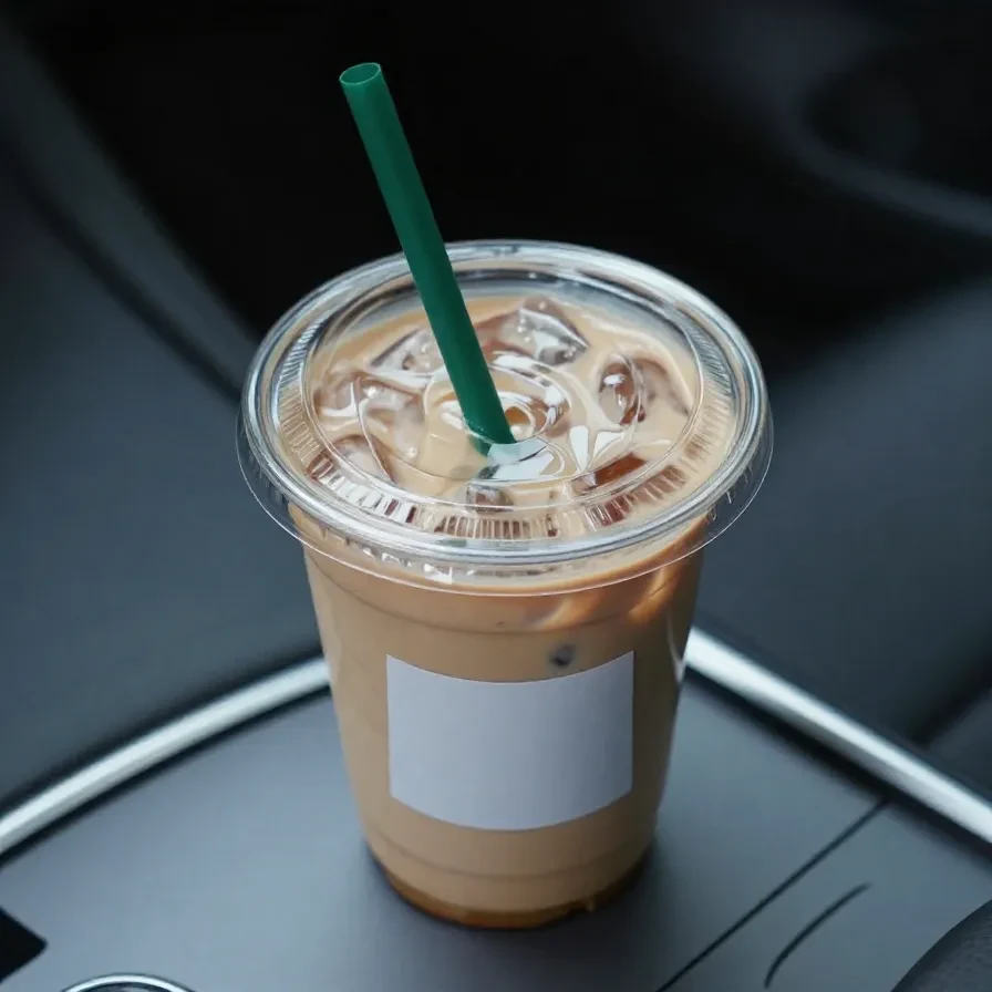 A glass of iced coffee served with ice cubes and a straw on a wooden table.