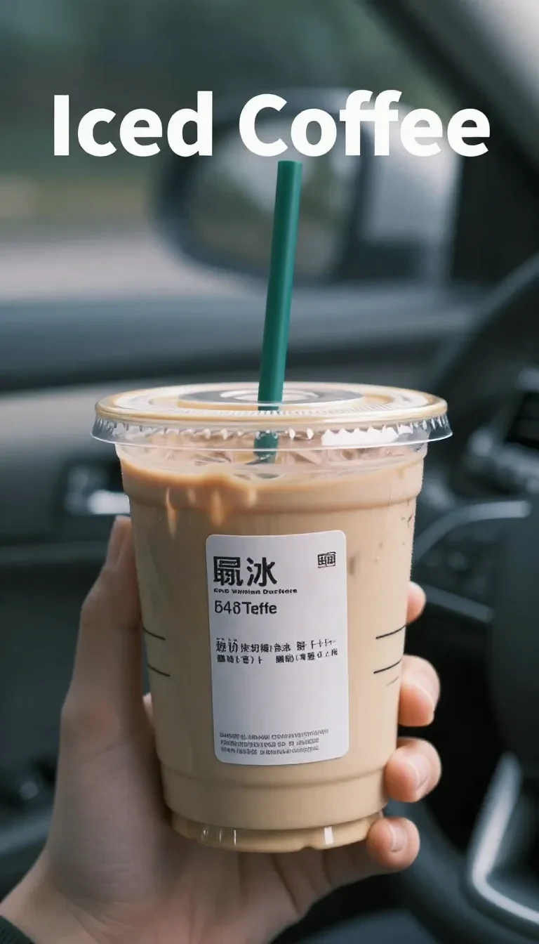 A glass of iced coffee served with ice cubes and a straw on a wooden table.