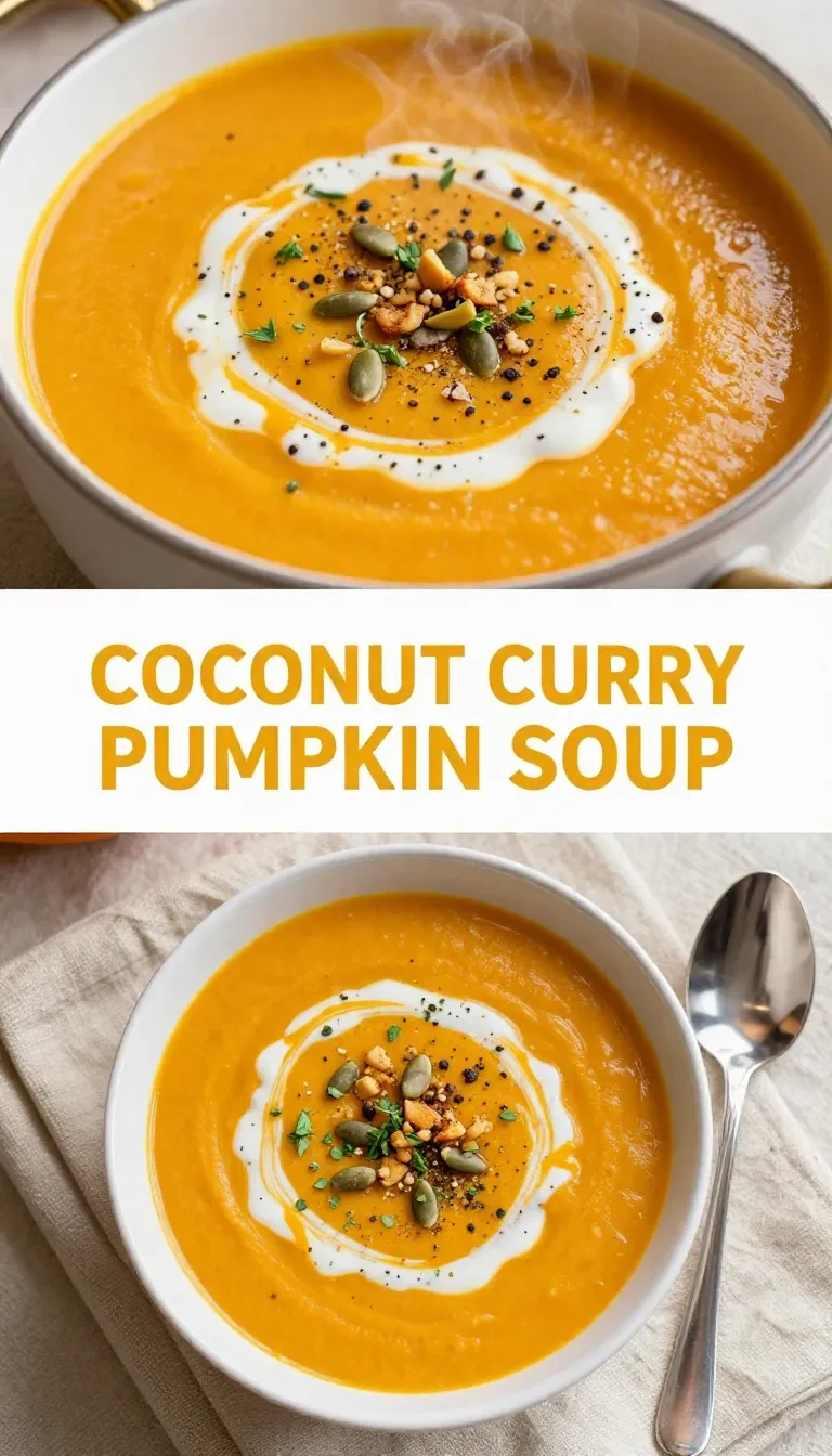 A bowl of creamy coconut curry pumpkin soup garnished with fresh cilantro and pumpkin seeds.