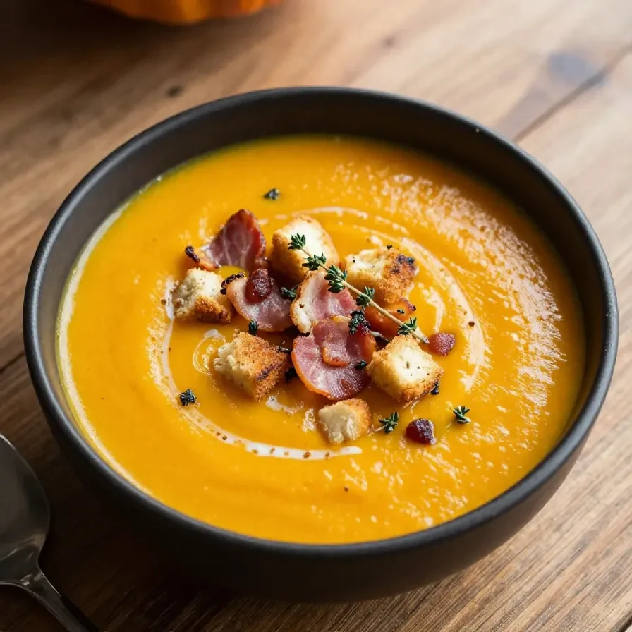 A bowl of creamy pumpkin soup garnished with parsley and served with rustic bread on a wooden table.