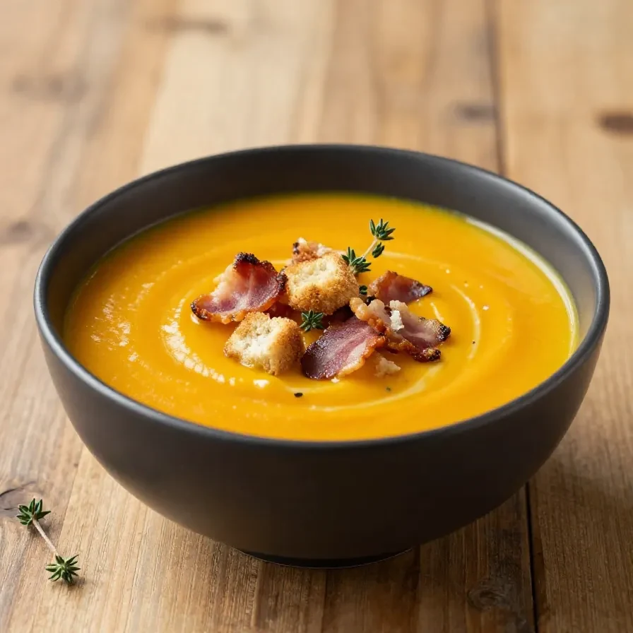 A bowl of creamy pumpkin soup garnished with parsley and served with rustic bread on a wooden table.