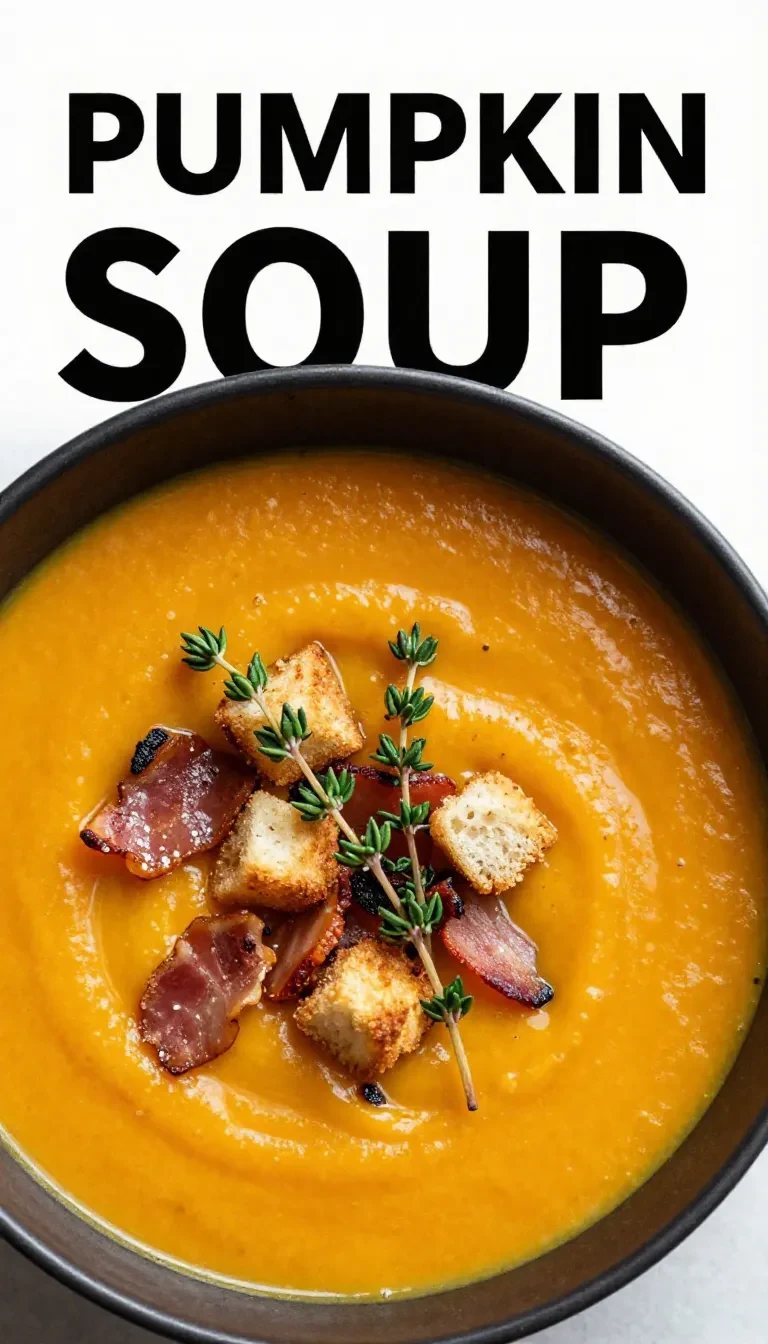 A bowl of creamy pumpkin soup garnished with parsley and served with rustic bread on a wooden table.