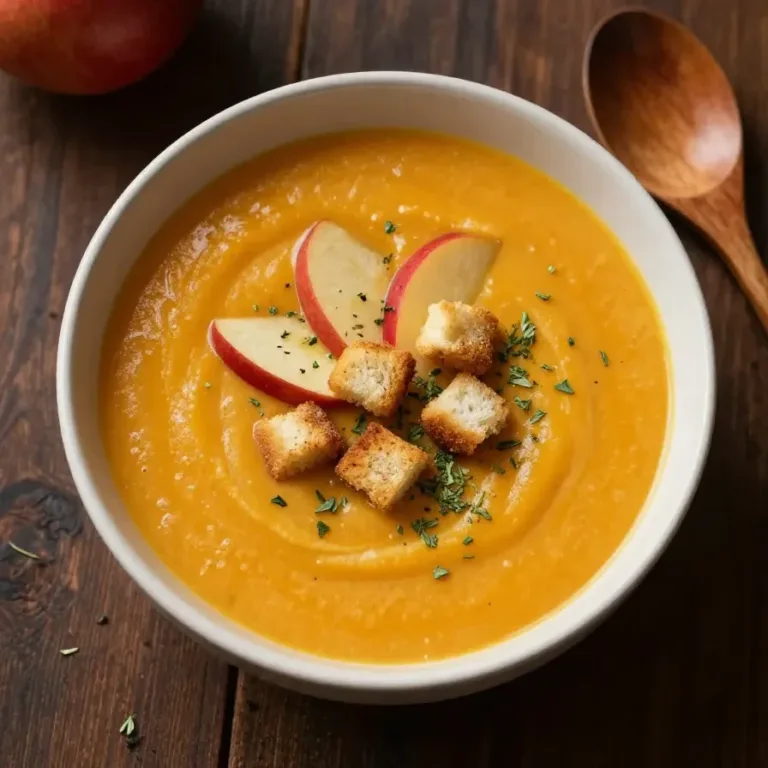 Creamy Roasted Apple Pumpkin Soup A bowl of creamy roasted apple pumpkin soup garnished with fresh herbs and served with crusty bread.