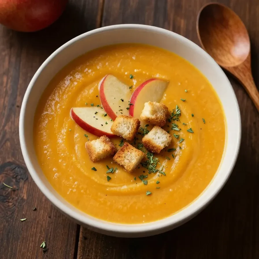 A bowl of creamy roasted apple pumpkin soup garnished with fresh herbs and served with crusty bread.