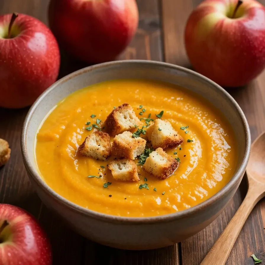 A bowl of creamy roasted apple pumpkin soup garnished with fresh herbs and served with crusty bread.