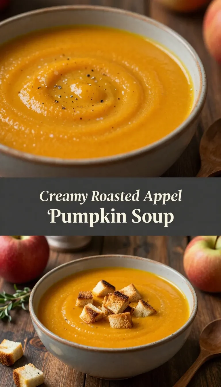 A bowl of creamy roasted apple pumpkin soup garnished with fresh herbs and served with crusty bread.