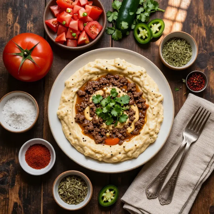 A bowl of creamy ground beef queso dip garnished with chopped green onions and served with tortilla chips.
