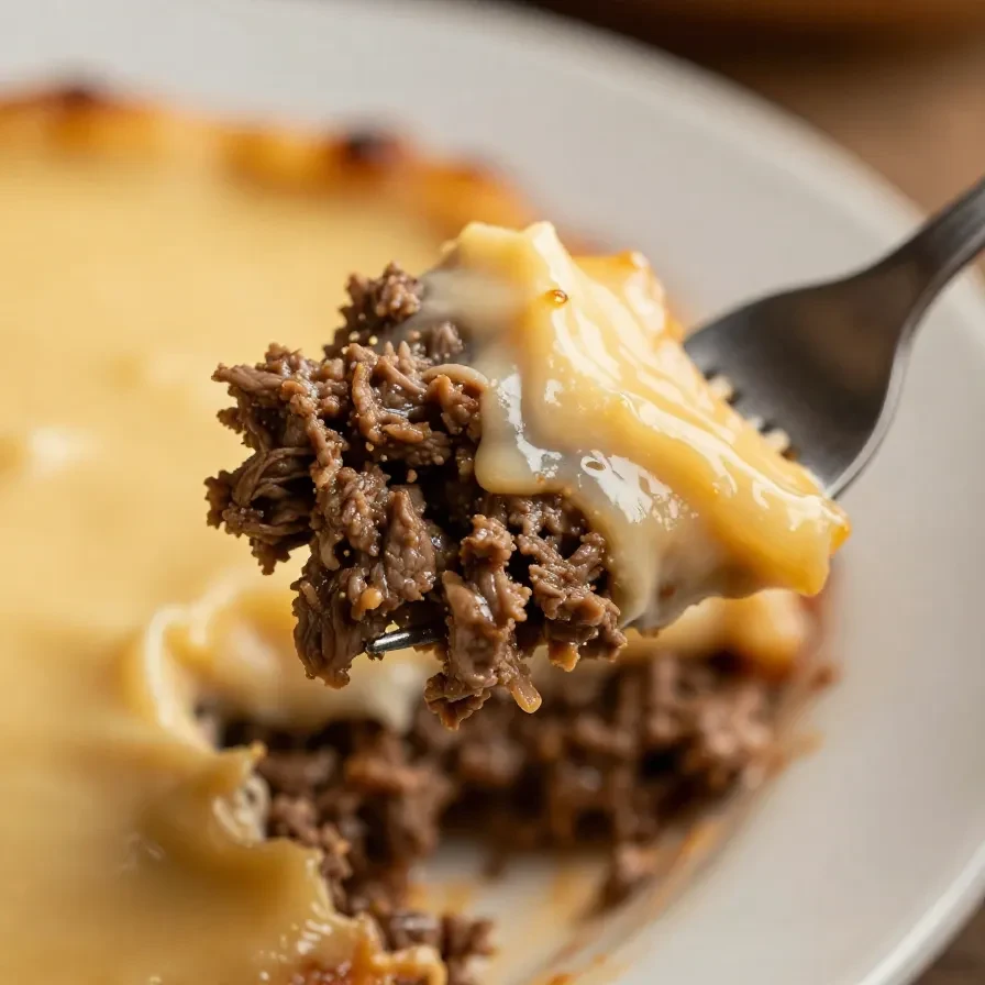 A bowl of creamy ground beef queso dip garnished with chopped green onions and served with tortilla chips.