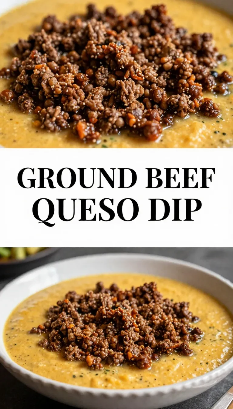 A bowl of creamy ground beef queso dip garnished with chopped green onions and served with tortilla chips.