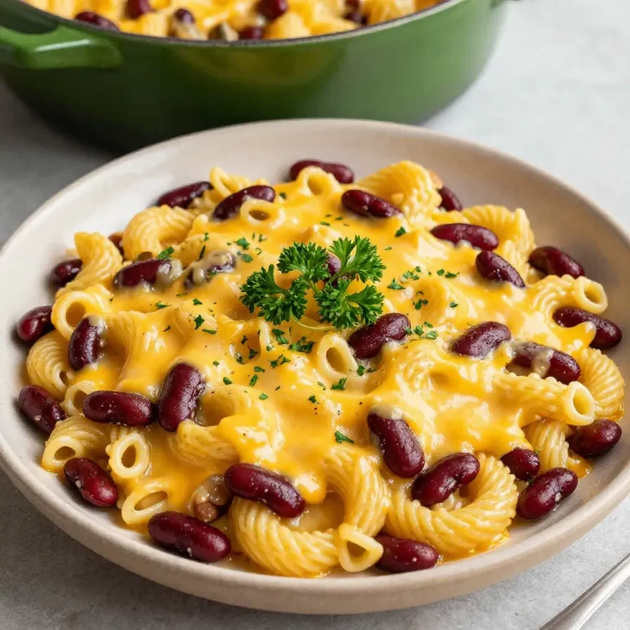 A close-up of a hearty bowl of chili mac topped with shredded cheese and parsley.