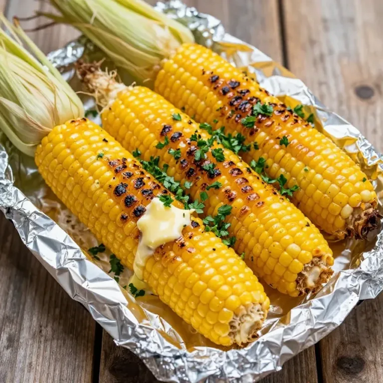 Grilled Corn on the Cob in Foil Recipe Grilled corn on the cob wrapped in foil, perfectly cooked with grill marks.