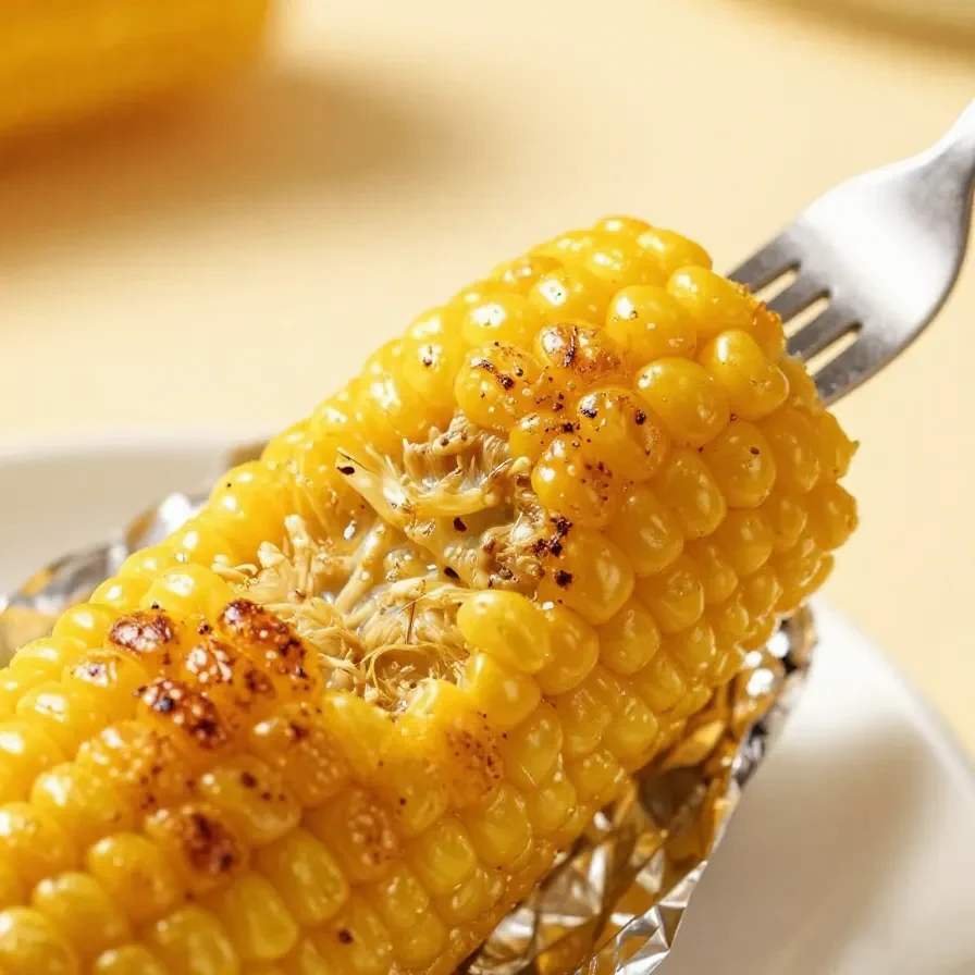 Grilled corn on the cob wrapped in foil, perfectly cooked with grill marks.