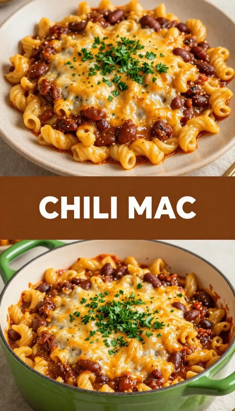 A close-up of a hearty bowl of chili mac topped with shredded cheese and parsley.