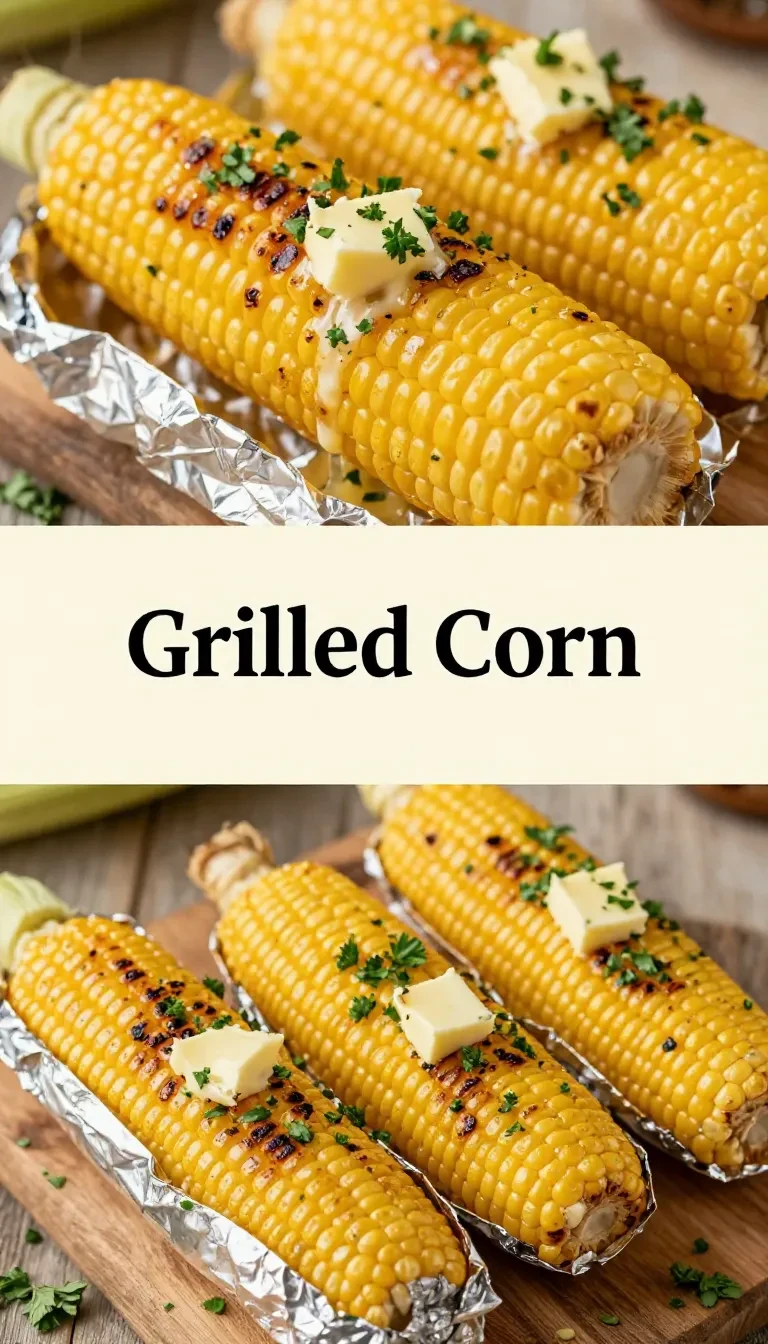 Grilled corn on the cob wrapped in foil, perfectly cooked with grill marks.