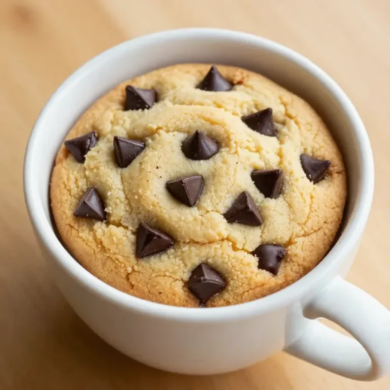 A freshly baked chocolate chip cookie in a mug, perfect for a quick dessert.